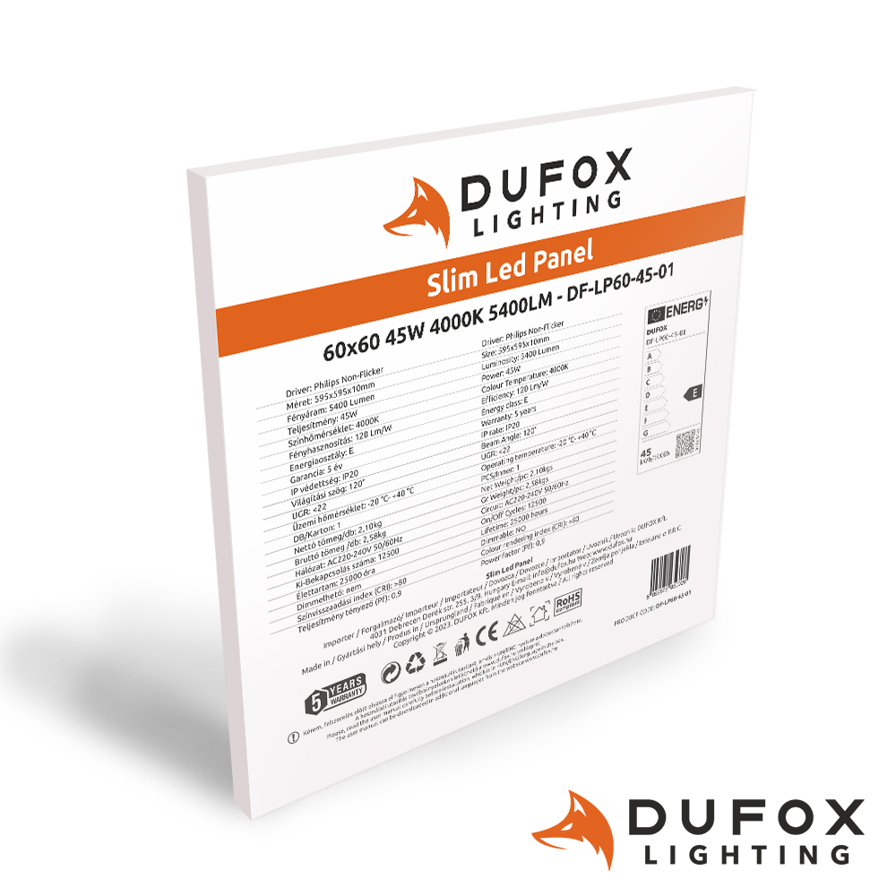 Dufox lighting DF-LP60-45-01 60x60 595x595x10 slim led panel 45W 5400lm 4000K philips non-flicker driver 5 év garancia